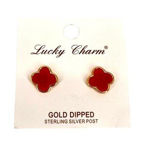 Lucky Charm Gold Dipped Sterling Silver Clover Stud Earrings Red NWT